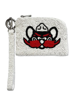 White beaded Texas Tech wristlet with Raider Red worked in black and red beads, a zip top and a detachable wrist strap
