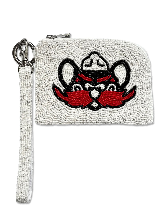 White beaded Texas Tech wristlet with Raider Red worked in black and red beads, a zip top and a detachable wrist strap
