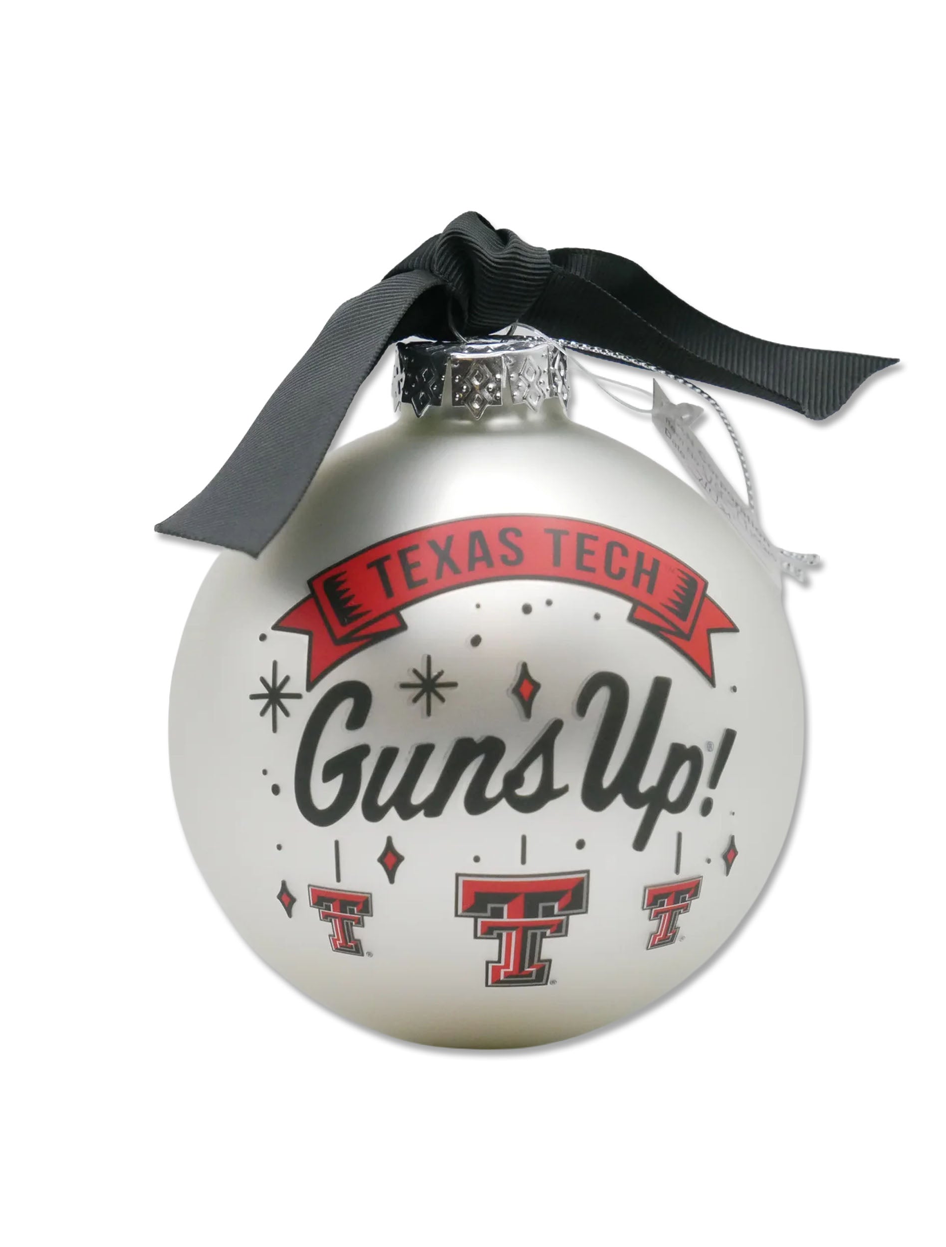 Back of the ornament with a red TEXAS TECH banner above Guns Up in script and three Double T marks