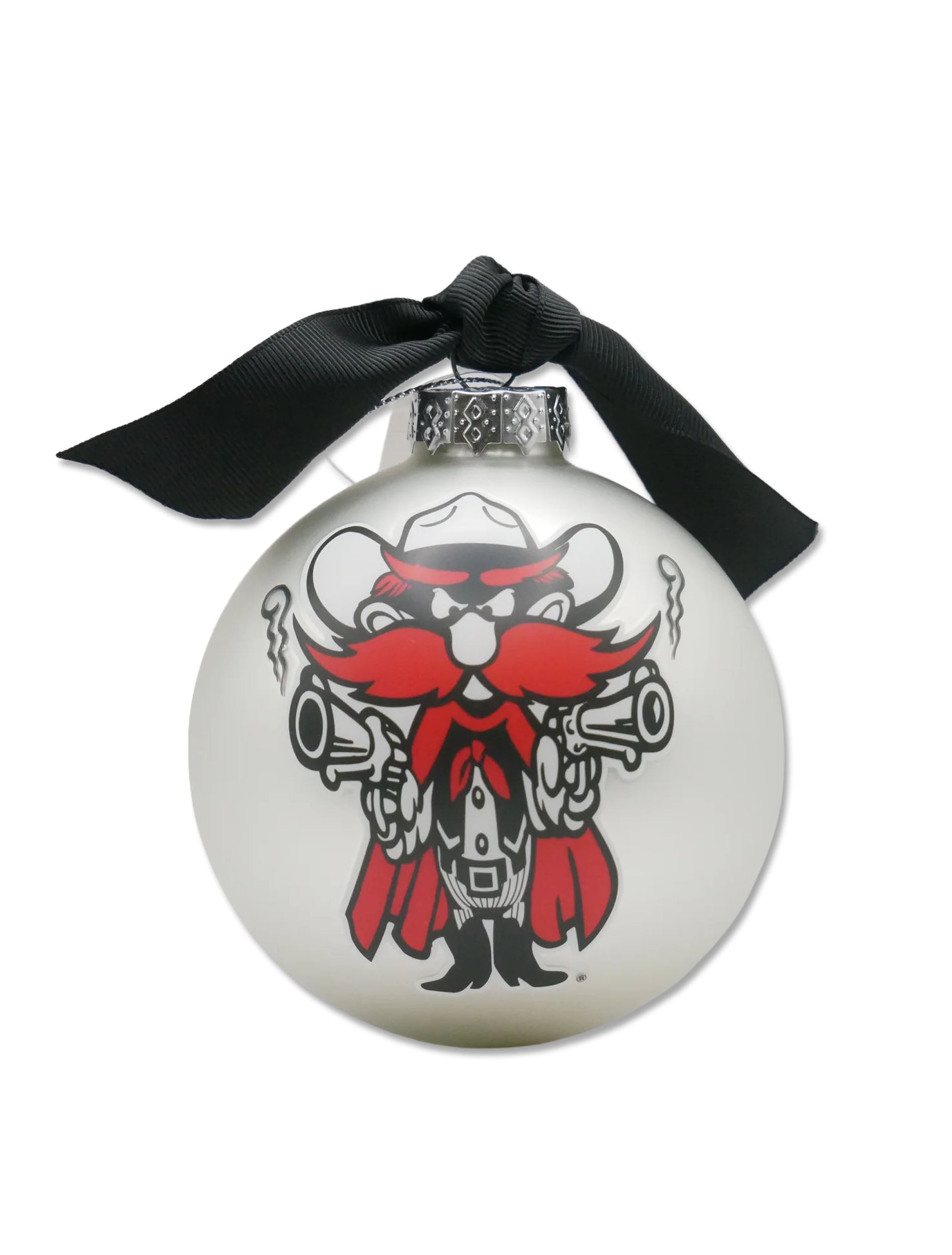 Pearl glass ball ornament with Raider Red and both pistols drawn, hung from a black ribbon