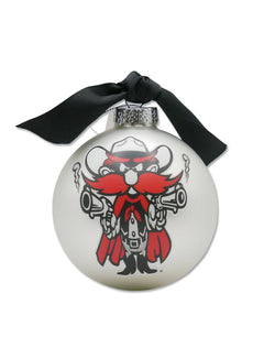 Pearl glass ball ornament with Raider Red and both pistols drawn, hung from a black ribbon