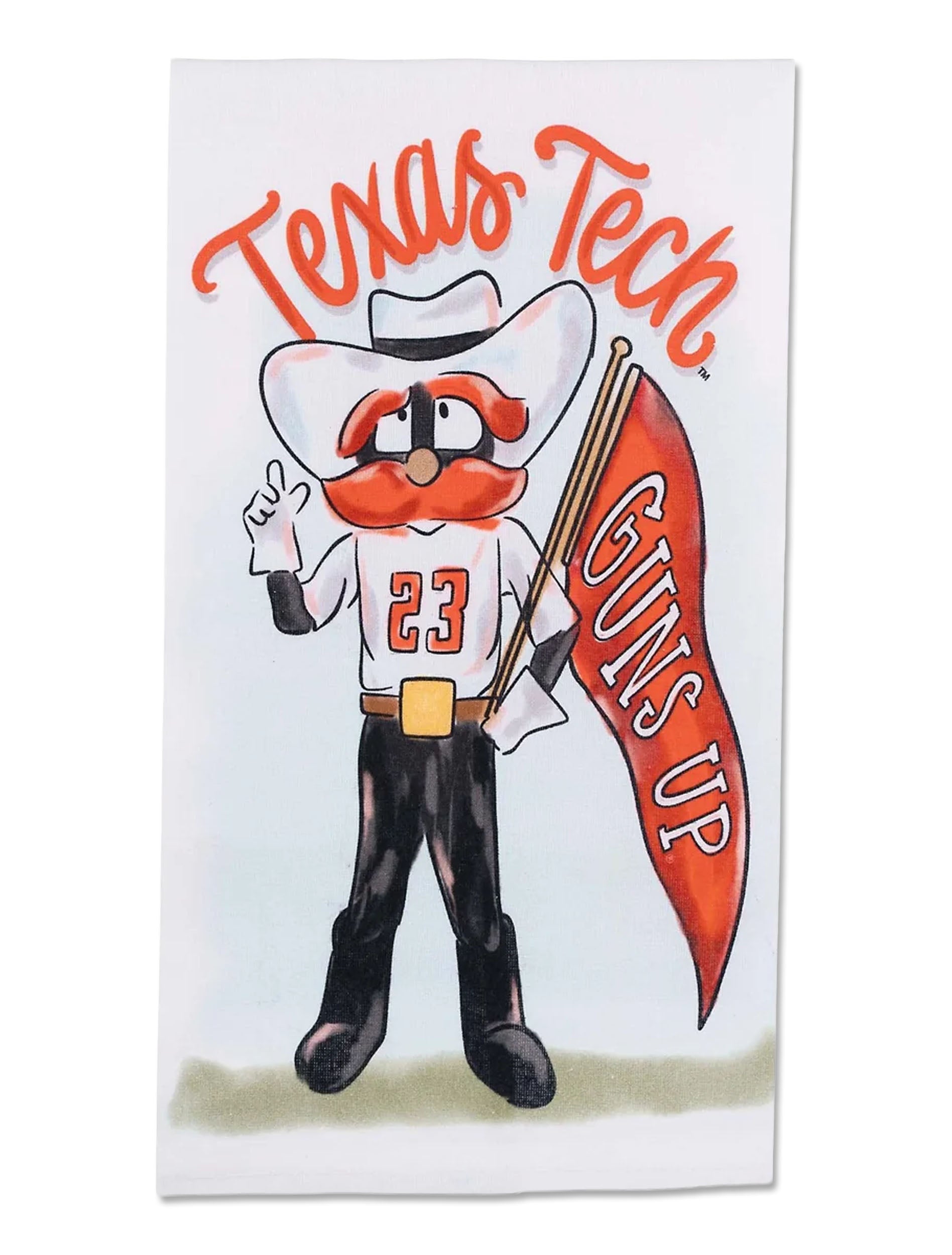 White Texas Tech tea towel with Texas Tech in red script above Raider Red in a cowboy hat holding a Guns Up pennant