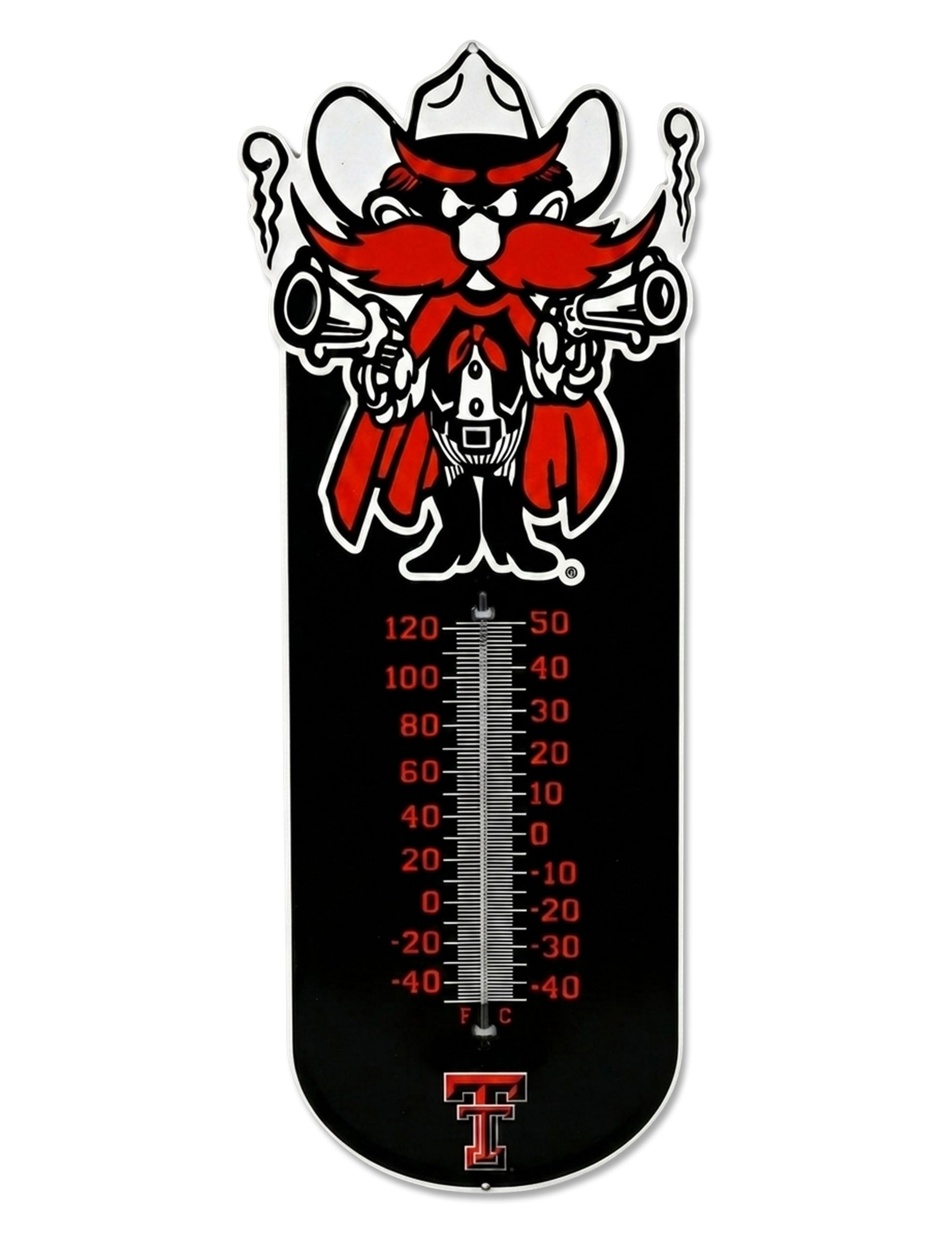 Texas Tech Red Raiders black outdoor thermometer with Raider Red in a cowboy hat and cape holding two pistols above Fahrenheit and Celsius scales, Double T at the base