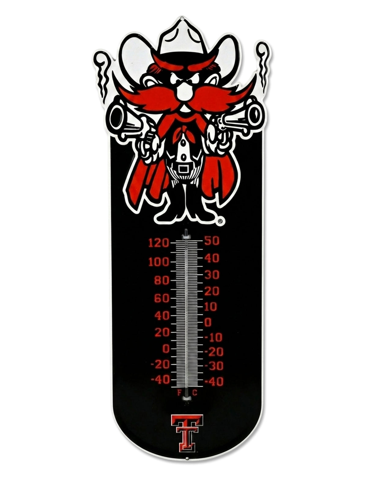Texas Tech Red Raiders black outdoor thermometer with Raider Red in a cowboy hat and cape holding two pistols above Fahrenheit and Celsius scales, Double T at the base