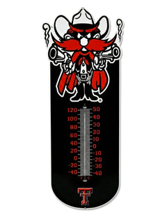 Texas Tech Red Raiders black outdoor thermometer with Raider Red in a cowboy hat and cape holding two pistols above Fahrenheit and Celsius scales, Double T at the base