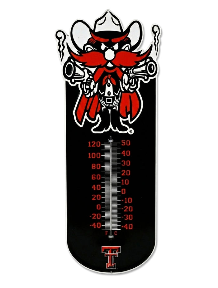 Texas Tech Red Raiders black outdoor thermometer with Raider Red in a cowboy hat and cape holding two pistols above Fahrenheit and Celsius scales, Double T at the base