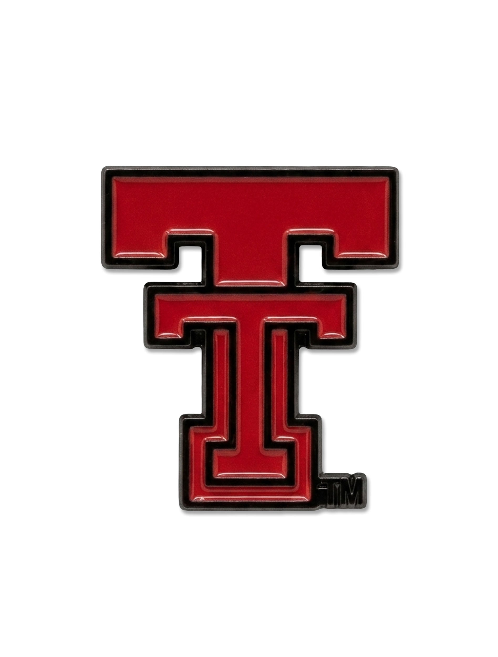 Texas Tech lapel pin shaped as a Double T in red enamel with a raised black outline