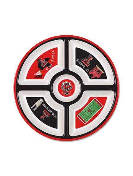 Texas Tech five section melamine veggie tray with Raider Red in the center well and a red rim