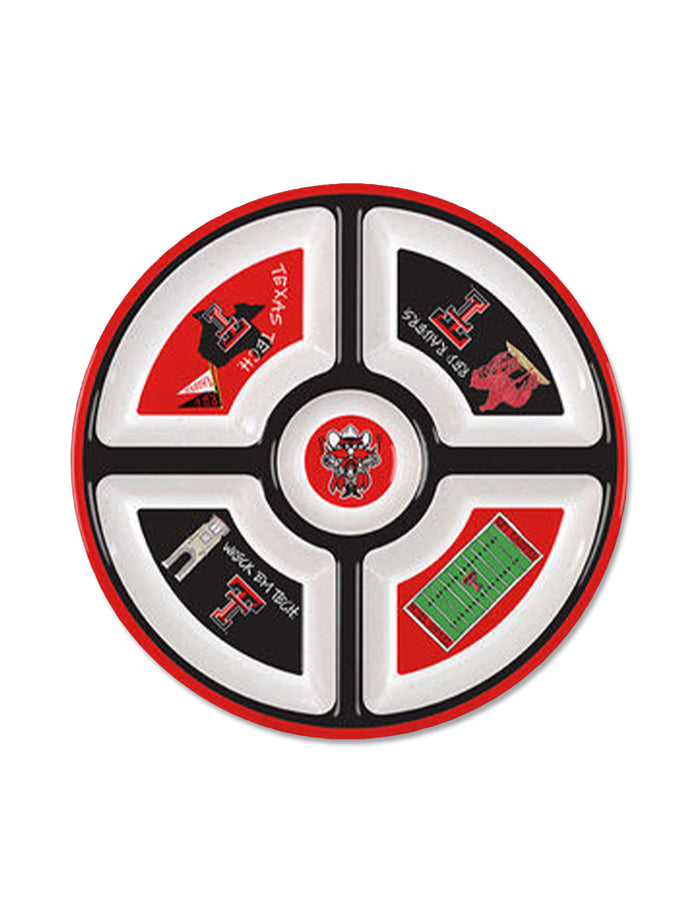 Texas Tech five section melamine veggie tray with Raider Red in the center well and a red rim
