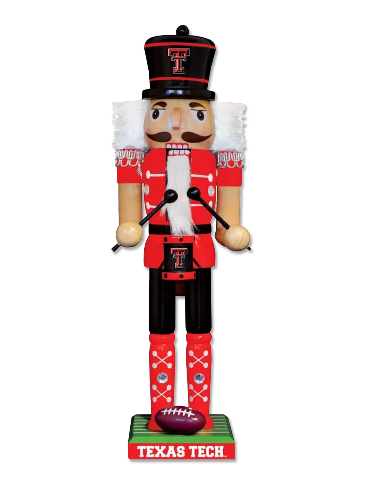 Texas Tech wooden nutcracker in a red band jacket and Double T top hat, standing on a football field base