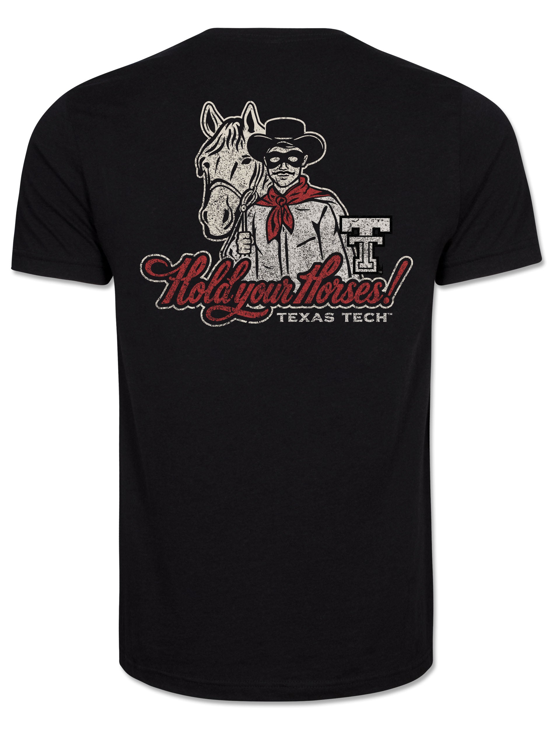 Back of the heather black tee with the Masked Rider standing beside his horse, the Double T alongside, and Hold Your Horses in red script above TEXAS TECH