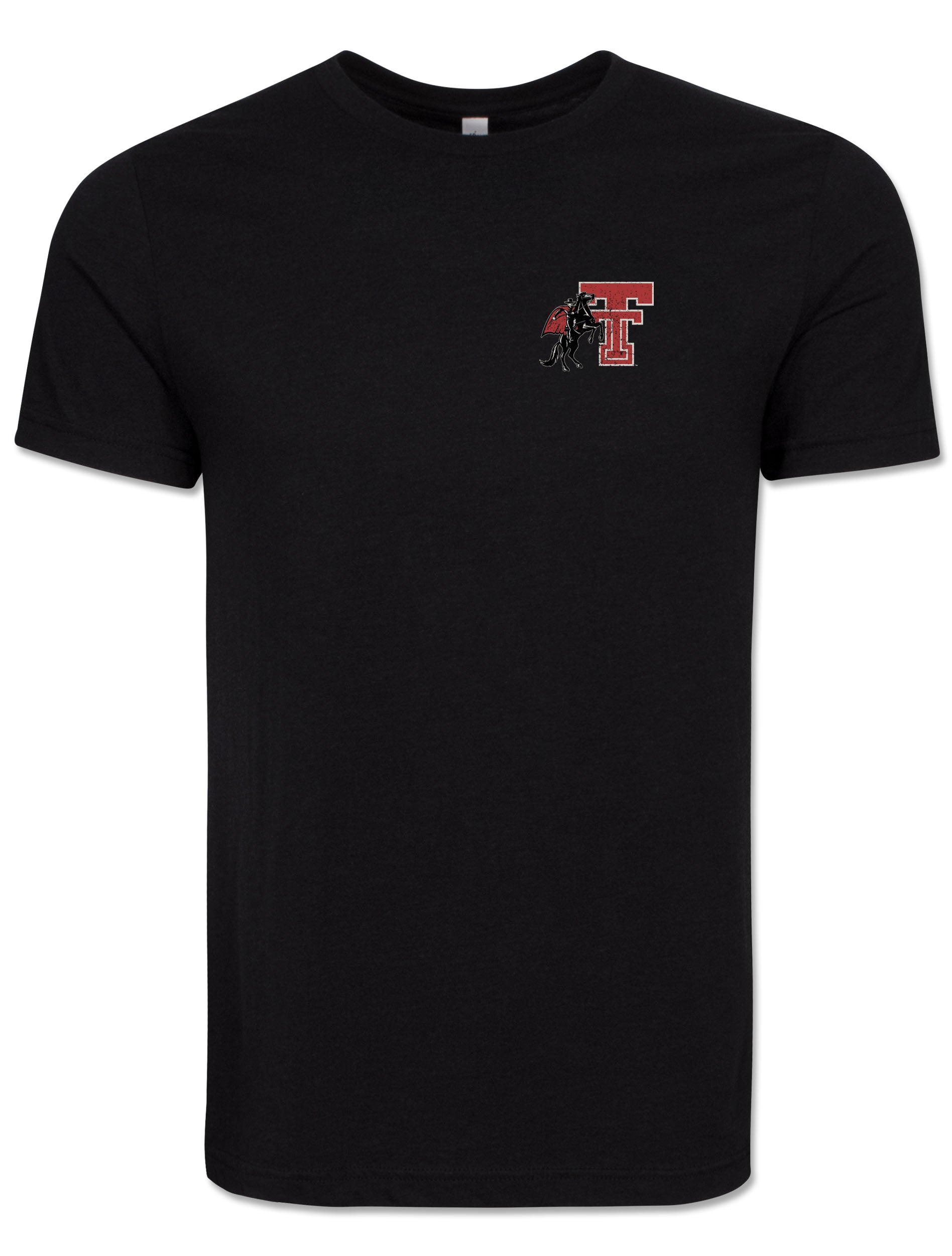 Front of the heather black tee with a small left chest Double T and the Masked Rider on a rearing horse