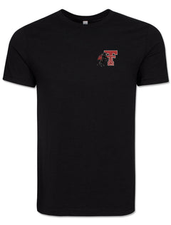 Front of the heather black tee with a small left chest Double T and the Masked Rider on a rearing horse