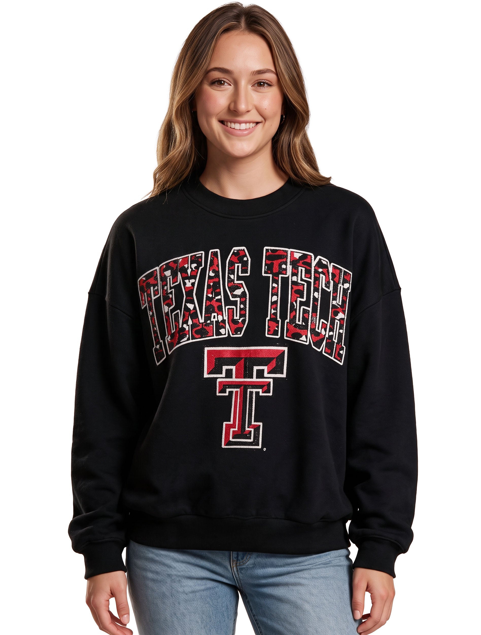 Model wearing the black Texas Tech leopard arch over Double T rhinestone sweatshirt