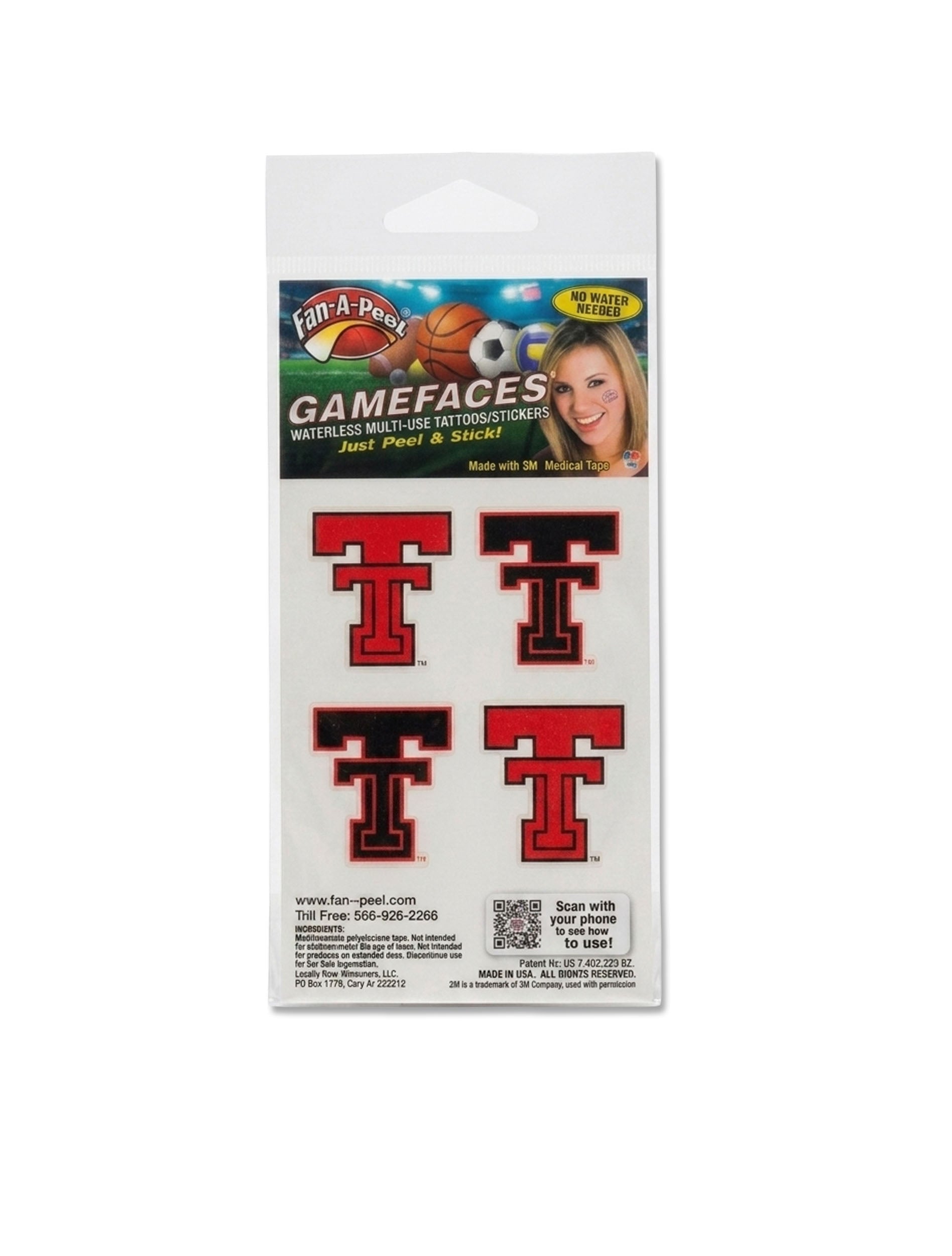Texas Tech Red Raiders throwback Double T waterless face tattoos, 4-pack with two red and two black Double T peel-and-stick stickers