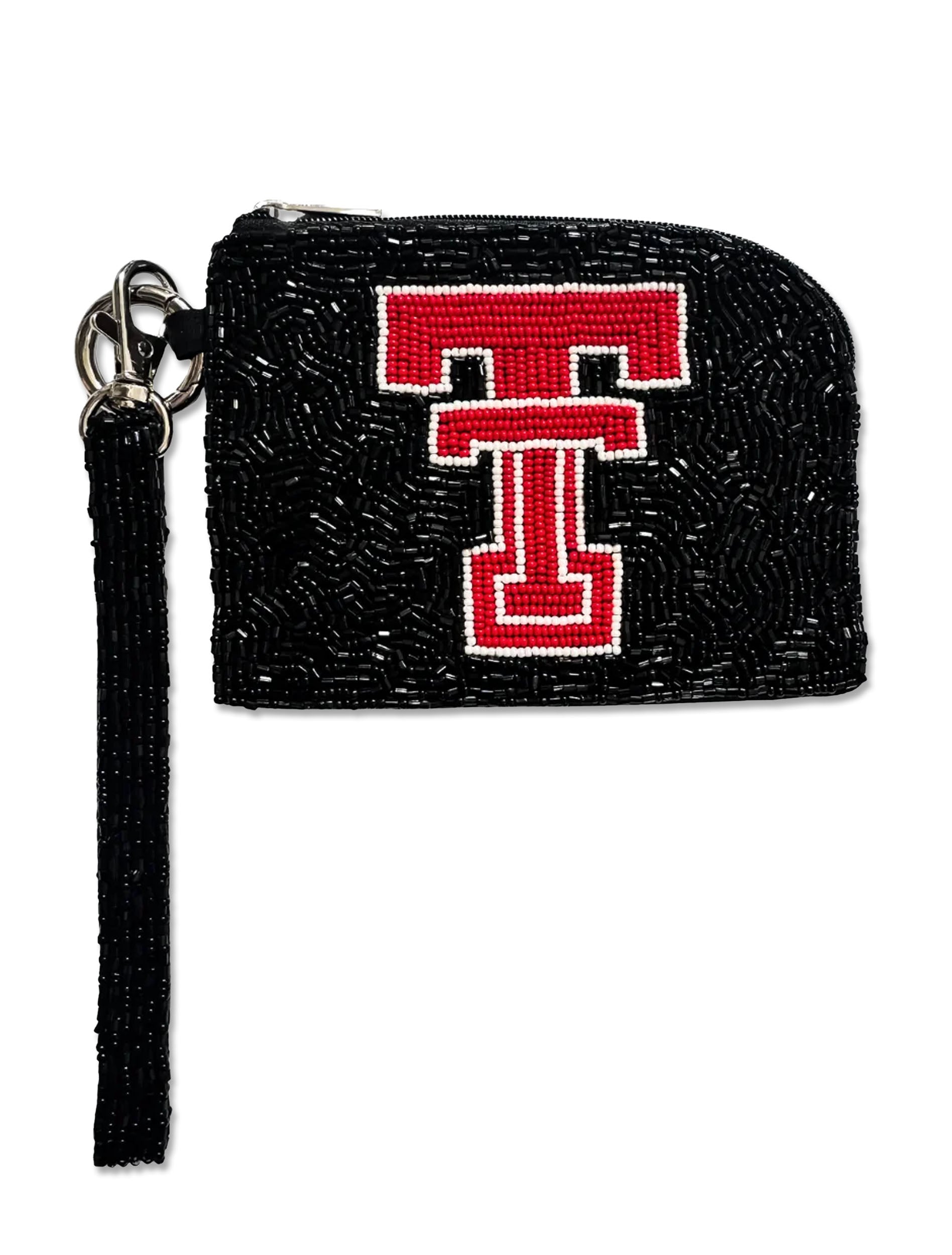 Black beaded Texas Tech wristlet with a red and white vault Double T, a zip top and a detachable beaded wrist strap