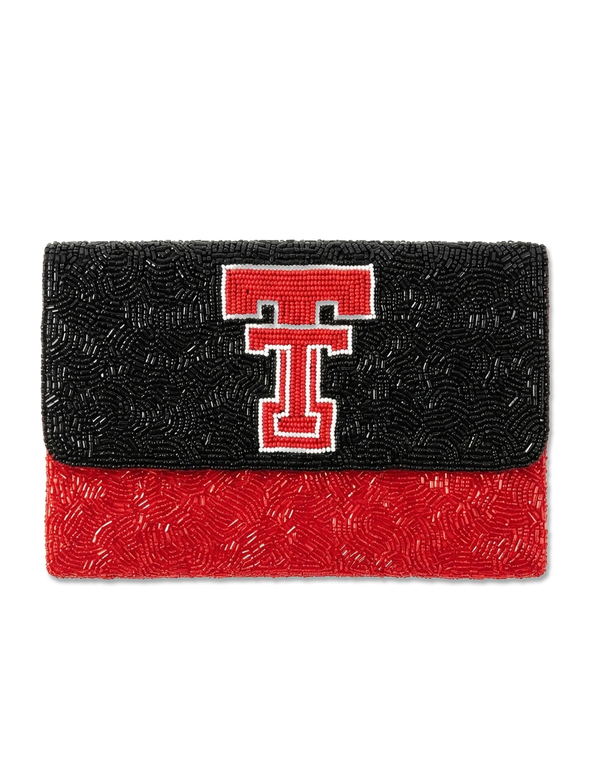 Two tone beaded Texas Tech clutch with a black beaded flap carrying a red and white vault Double T over a red beaded body