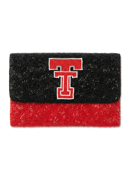 Two tone beaded Texas Tech clutch with a black beaded flap carrying a red and white vault Double T over a red beaded body