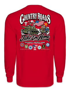 Back of the red Texas Tech vs West Virginia “Country Roads” gameday long sleeve tee with Raider Red driving a tank towing the Mountaineer, the Double T and WV marks either side, Take ’Em Home script and armed forces seals