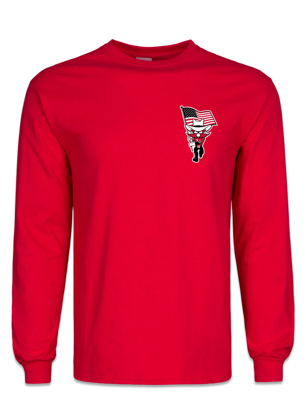 Front of the red Texas Tech vs West Virginia “Country Roads” gameday long sleeve tee with Raider Red carrying the American flag at the left chest
