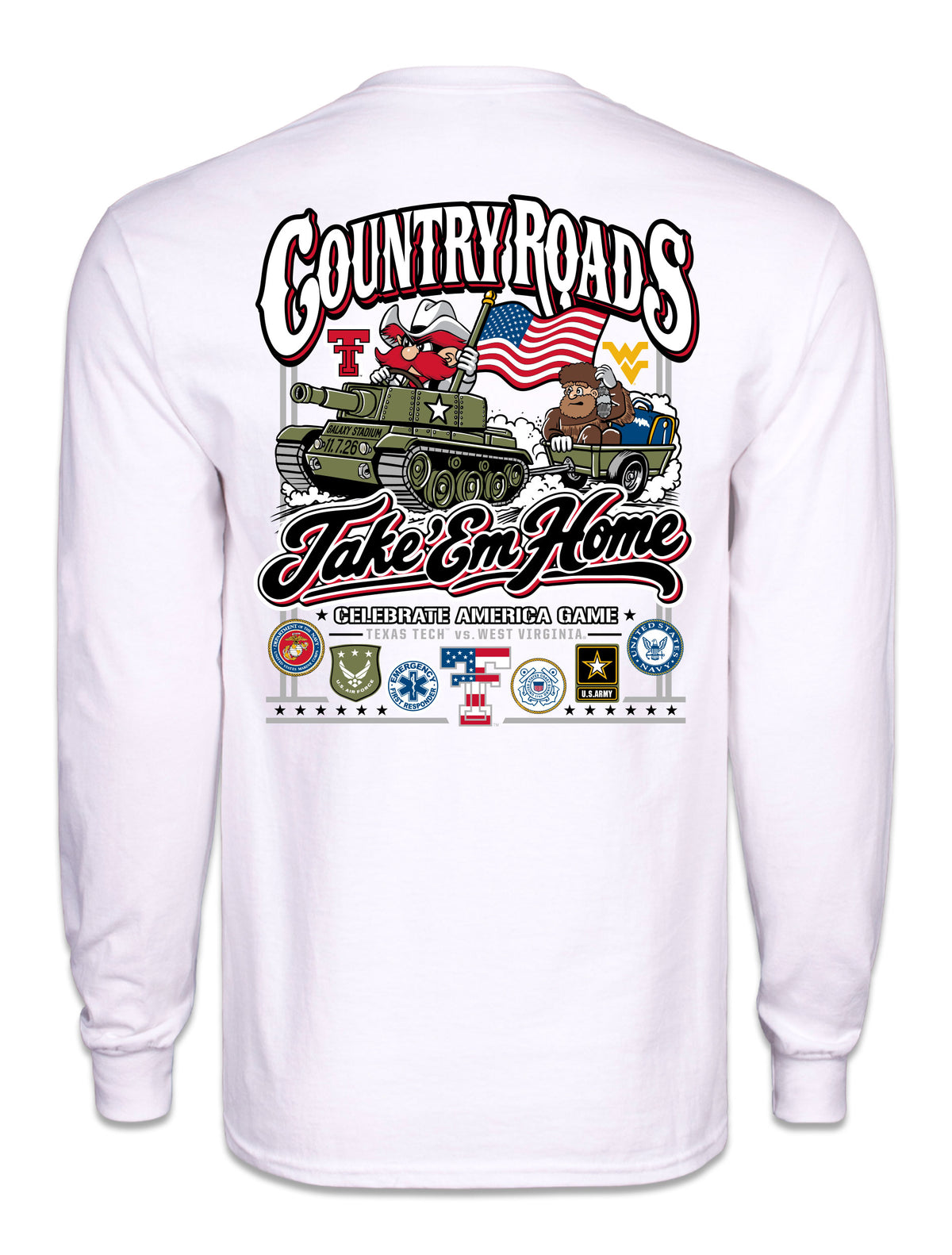 Back of the white Texas Tech vs West Virginia “Country Roads” gameday long sleeve tee with Raider Red driving a tank towing the Mountaineer, the Double T and WV marks either side, Take ’Em Home script and armed forces seals