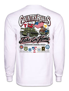 Back of the white Texas Tech vs West Virginia “Country Roads” gameday long sleeve tee with Raider Red driving a tank towing the Mountaineer, the Double T and WV marks either side, Take ’Em Home script and armed forces seals