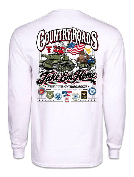 Back of the white Texas Tech vs West Virginia “Country Roads” gameday long sleeve tee with Raider Red driving a tank towing the Mountaineer, the Double T and WV marks either side, Take ’Em Home script and armed forces seals