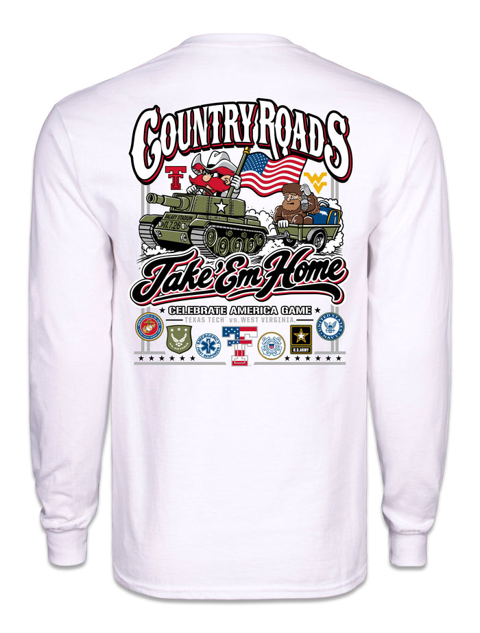 Back of the white Texas Tech vs West Virginia “Country Roads” gameday long sleeve tee with Raider Red driving a tank towing the Mountaineer, the Double T and WV marks either side, Take ’Em Home script and armed forces seals