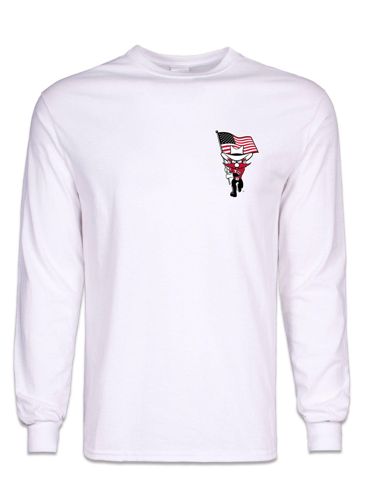 Front of the white Texas Tech vs West Virginia “Country Roads” gameday long sleeve tee with Raider Red carrying the American flag at the left chest