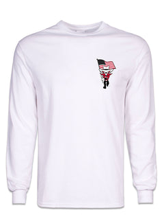 Front of the white Texas Tech vs West Virginia “Country Roads” gameday long sleeve tee with Raider Red carrying the American flag at the left chest