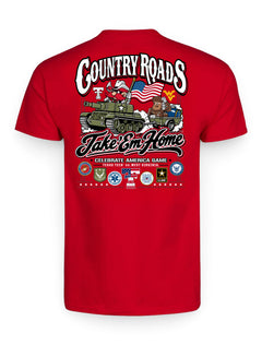 Back of the red Texas Tech vs West Virginia “Country Roads” gameday tee with Raider Red driving a tank towing the Mountaineer, the Double T and WV marks either side, Take ’Em Home script and armed forces seals