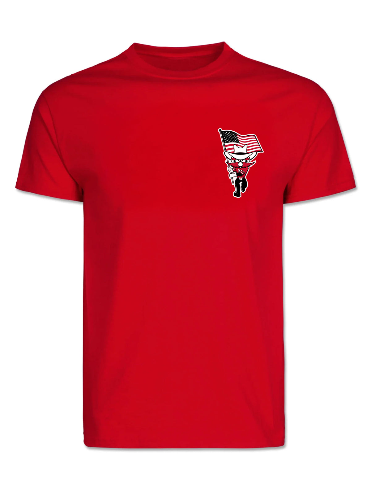 Front of the red Texas Tech vs West Virginia “Country Roads” gameday tee with Raider Red carrying the American flag at the left chest