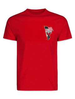 Front of the red Texas Tech vs West Virginia “Country Roads” gameday tee with Raider Red carrying the American flag at the left chest