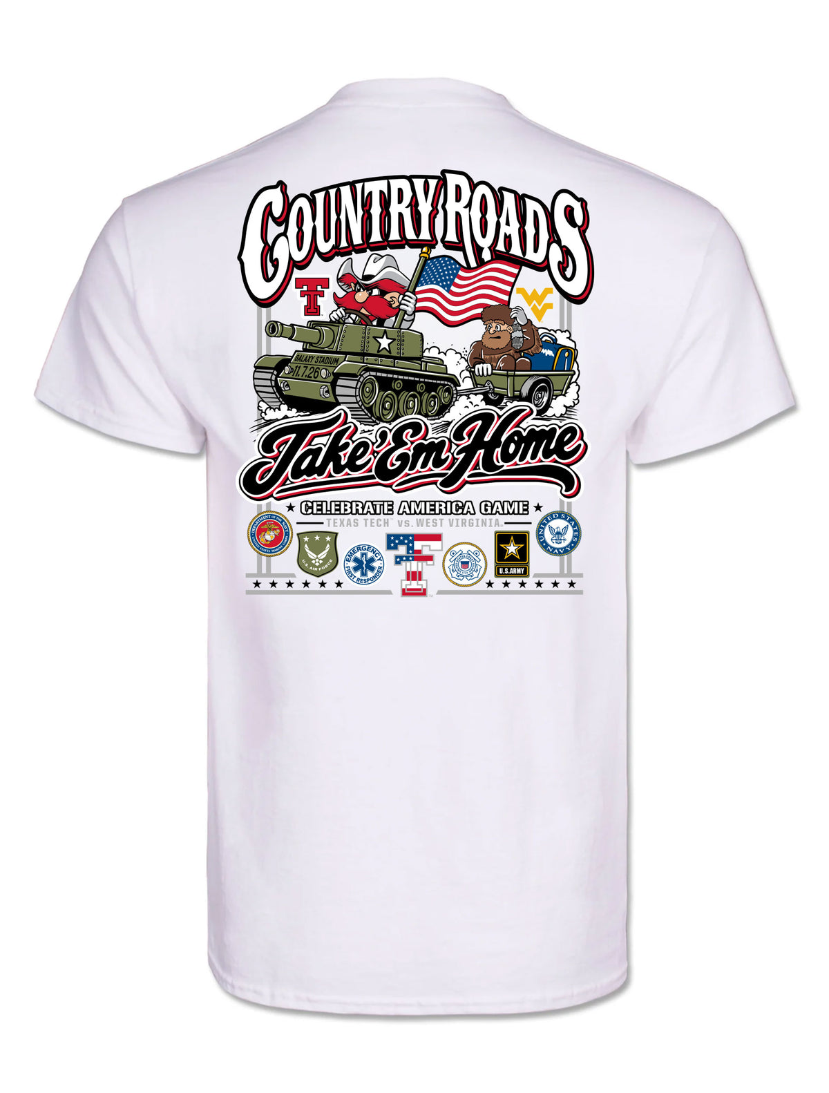 Back of the white Texas Tech vs West Virginia “Country Roads” gameday tee with Raider Red driving a tank towing the Mountaineer, the Double T and WV marks either side, Take ’Em Home script and armed forces seals