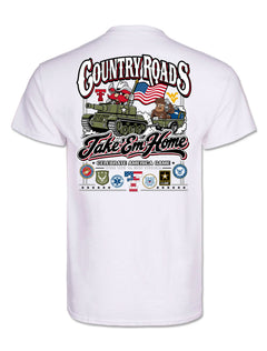 Back of the white Texas Tech vs West Virginia “Country Roads” gameday tee with Raider Red driving a tank towing the Mountaineer, the Double T and WV marks either side, Take ’Em Home script and armed forces seals