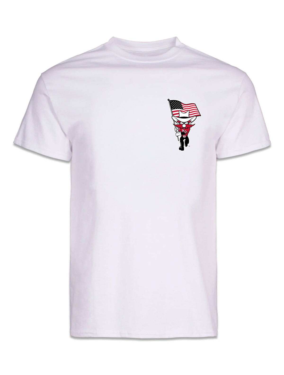 Front of the white Texas Tech vs West Virginia “Country Roads” gameday tee with Raider Red carrying the American flag at the left chest