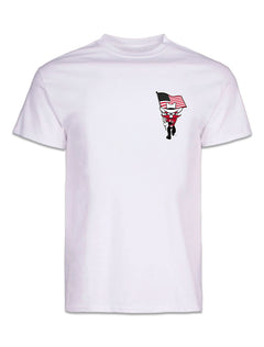 Front of the white Texas Tech vs West Virginia “Country Roads” gameday tee with Raider Red carrying the American flag at the left chest