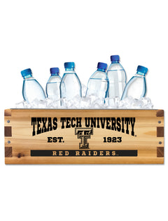 Texas Tech wood drink cooler box filled with ice and water bottles