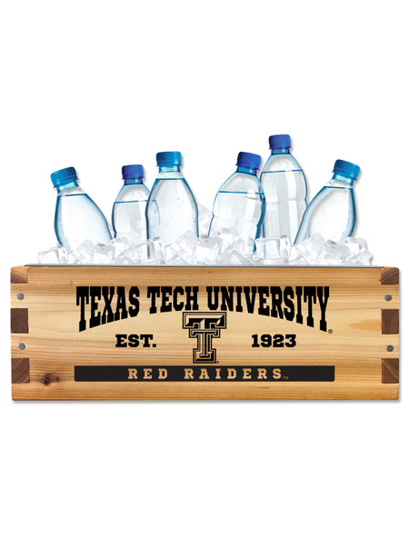 Texas Tech wood drink cooler box filled with ice and water bottles