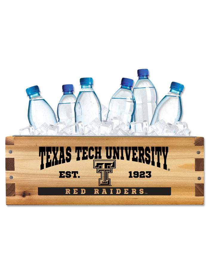 Texas Tech wood drink cooler box filled with ice and water bottles