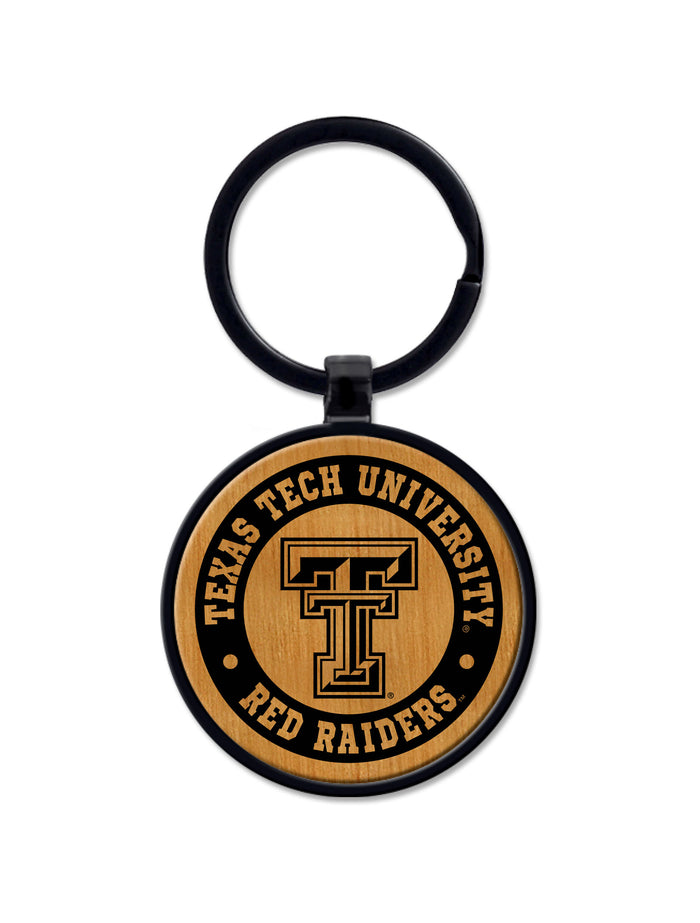Texas Tech Double T round wood and metal keychain