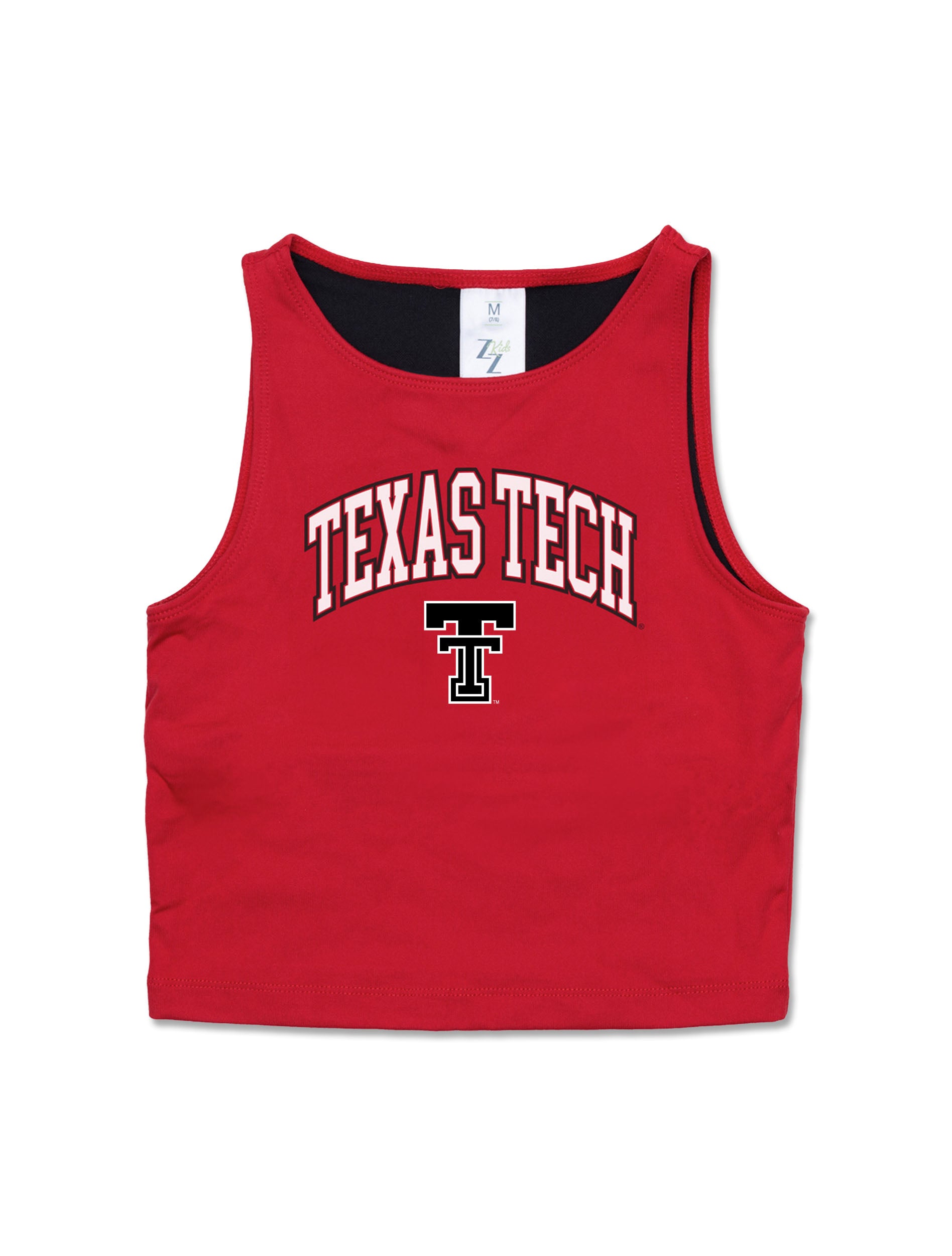 Red ZooZatz Texas Tech youth cropped tank top with “Texas Tech” arched in white above the Double T