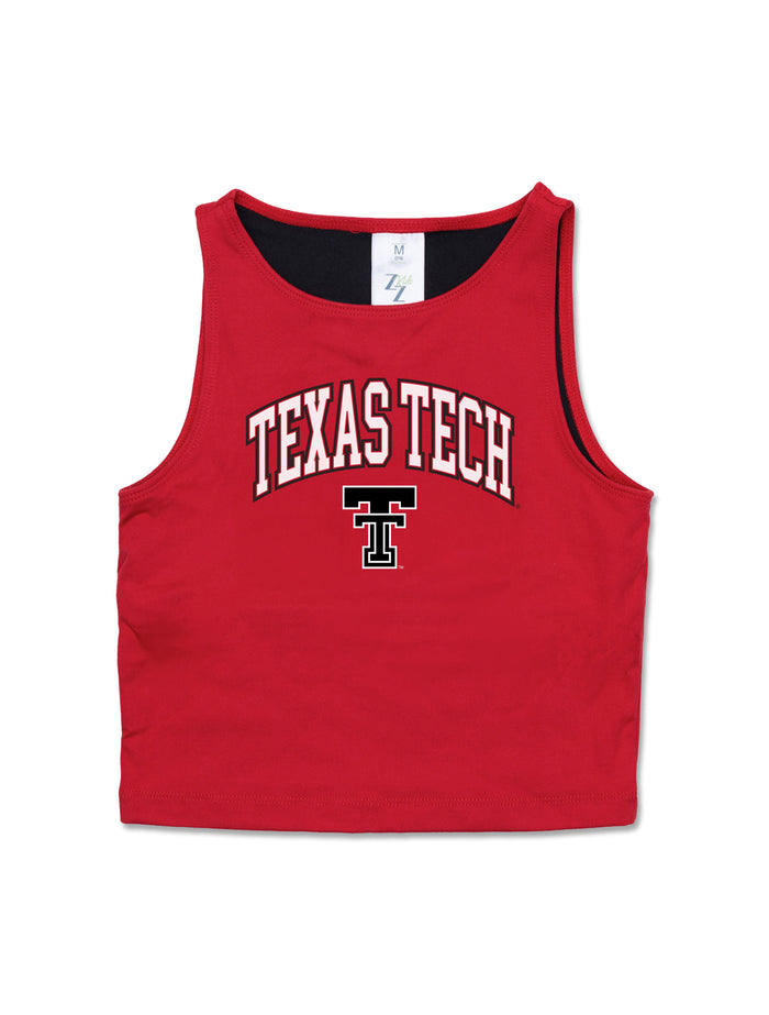 Red ZooZatz Texas Tech youth cropped tank top with “Texas Tech” arched in white above the Double T