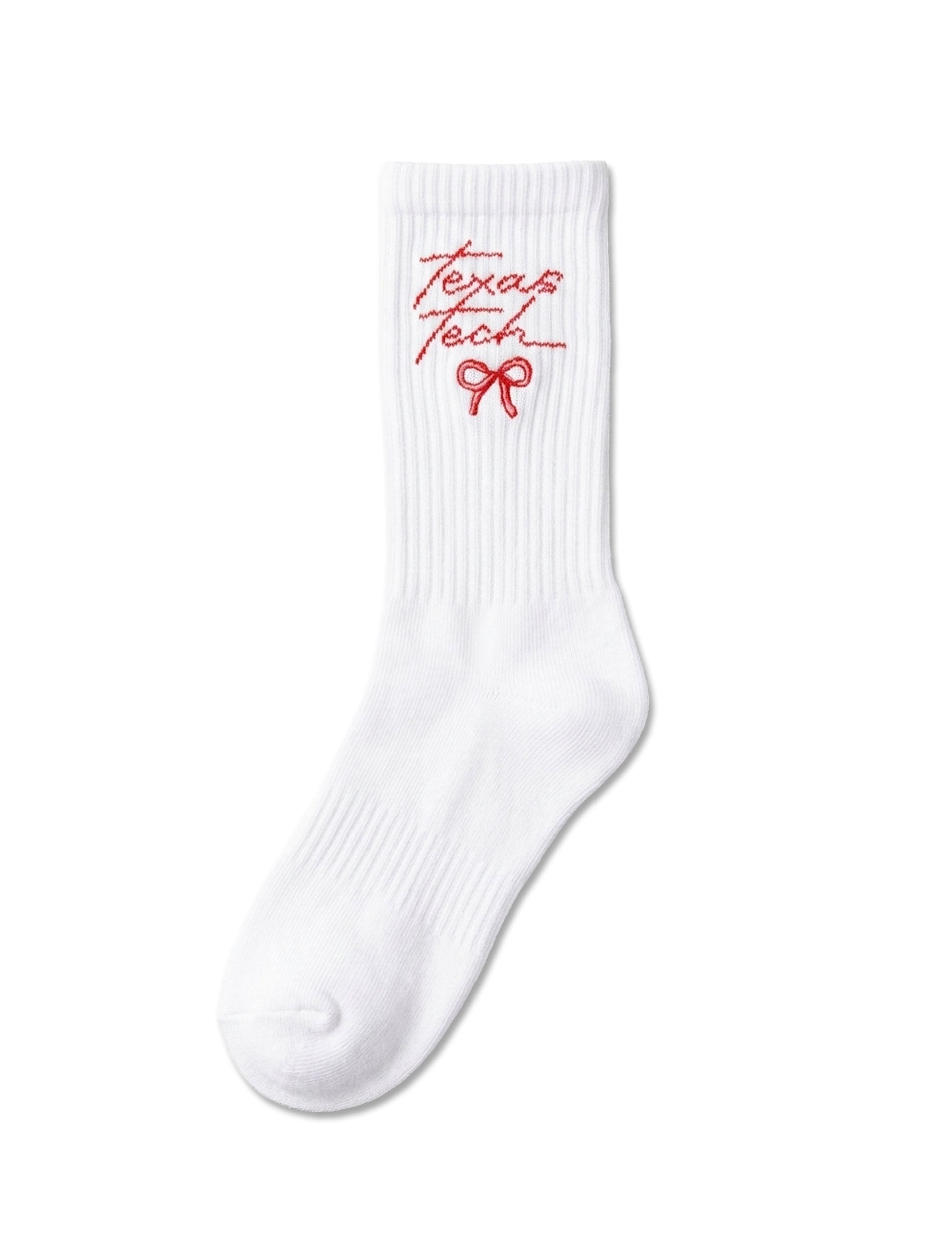 Texas Tech Red Raiders white crew sock with a red cursive "Texas Tech" script and a small embroidered red bow