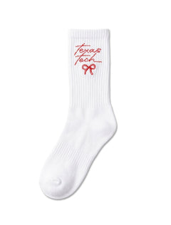Texas Tech Red Raiders white crew sock with a red cursive "Texas Tech" script and a small embroidered red bow