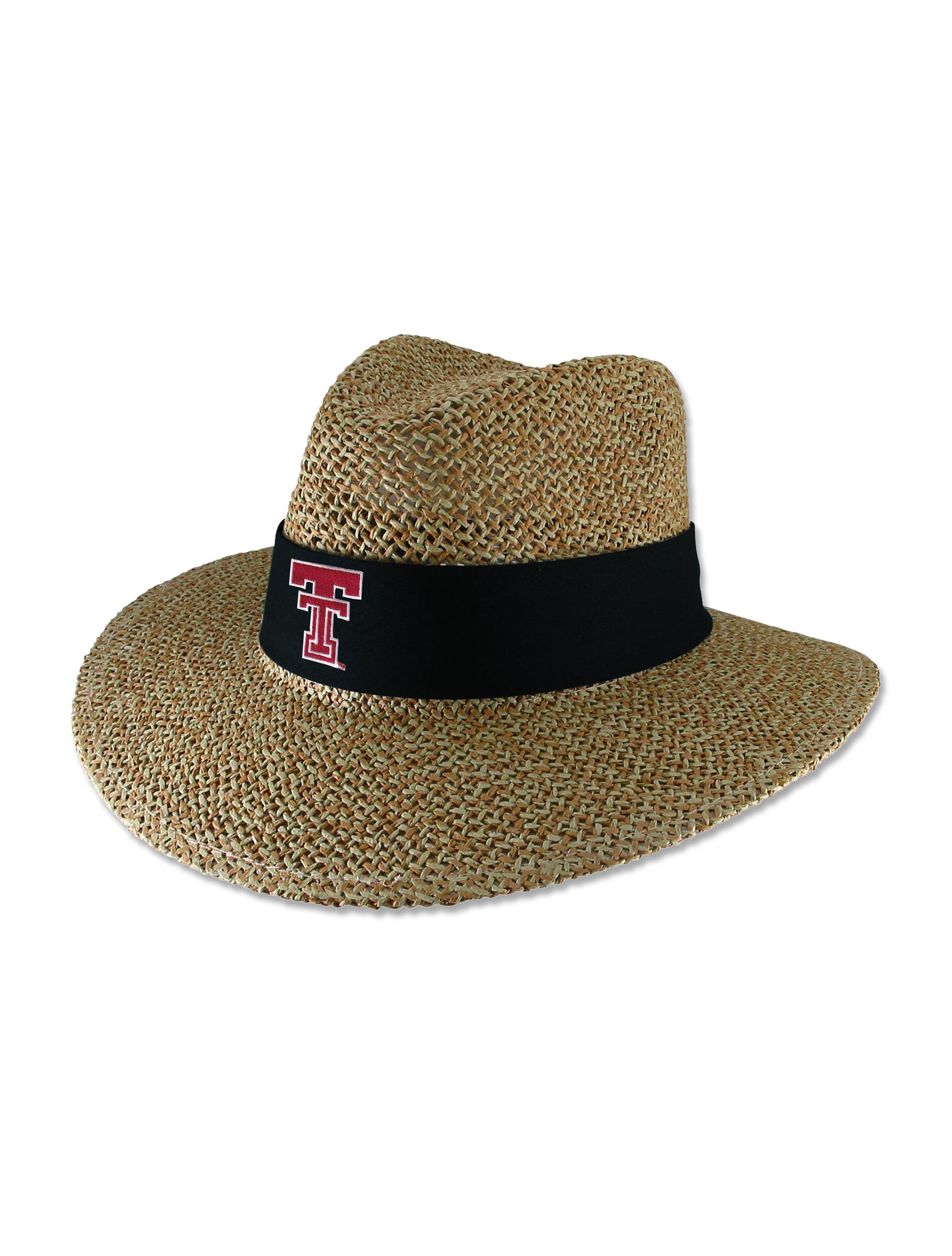 Natural twisted straw hat with a shaped brim, pinched crown and a black band carrying an embroidered Texas Tech Double T