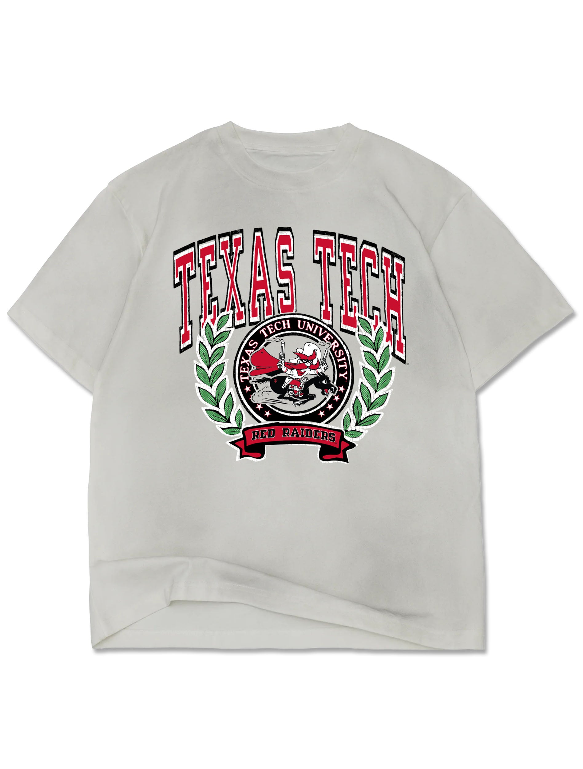 Dirty white Texas Tech Animal House t-shirt with a distressed red TEXAS TECH arch over a Raider Red seal, green laurels and a RED RAIDERS banner