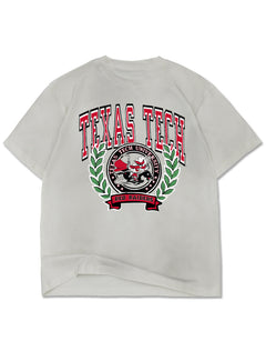 Dirty white Texas Tech Animal House t-shirt with a distressed red TEXAS TECH arch over a Raider Red seal, green laurels and a RED RAIDERS banner