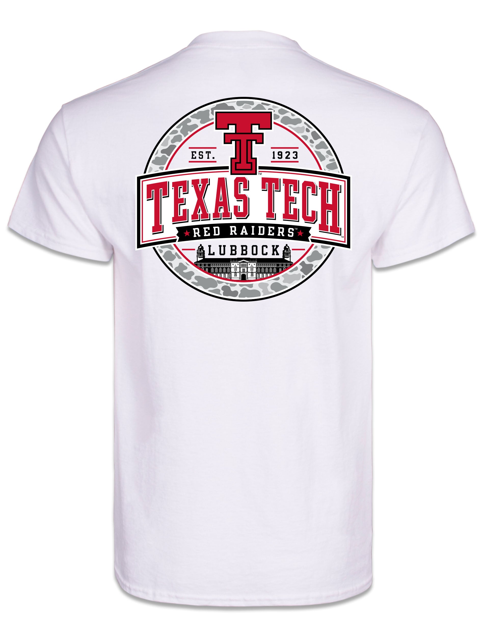Back of the white Texas Tech Around Town t-shirt with a circle seal of the throwback Double T, TEXAS TECH, RED RAIDERS and LUBBOCK over the Administration Building inside a grey camo ring