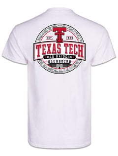 Back of the white Texas Tech Around Town t-shirt with a circle seal of the throwback Double T, TEXAS TECH, RED RAIDERS and LUBBOCK over the Administration Building inside a grey camo ring